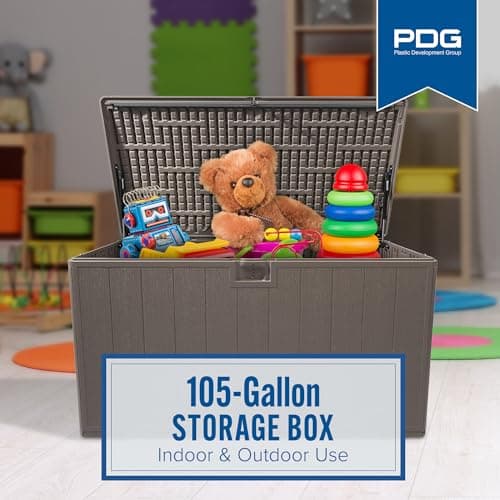 Plastic Development Group Outdoor Storage Deck Box, Soft Closure, 105 Gallon, Java