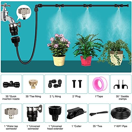 Misting Cooling System, 82FT (25M) Misting Line + 30 Brass Mist Nozzles + Brass Adapter(3/4") for Patio Garden Greenhouse