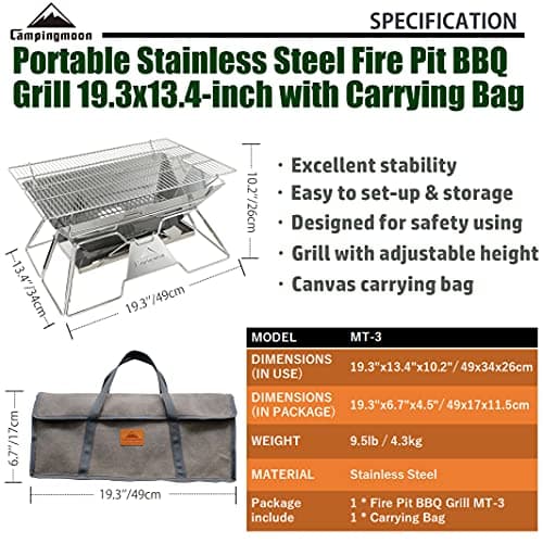 CAMPINGMOON Portable Camping Fire Pit Stainless Steel Foldable Collapsible BBQ Grill Wood Burning Charcoal 20x13-inch with Carrying Bag MT-3