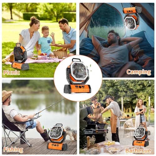 Camping Fan Rechargeable, 20000mAh Large Battery Powered Fan, 4Speed Rechargeable Fan Portable with Remote, Battery Operated Fans with LED Light and Hanging Hook, Cordless Fans for Tent Picnic Outdoor