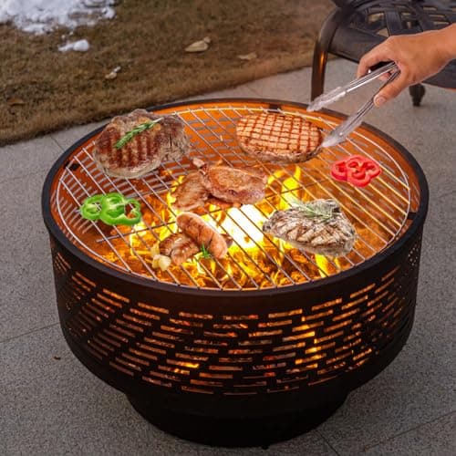 26" Wood Burning Fire Pits with Grill & Lid, Fire Pit Table for Outside with Waterproof Cover & Fire Poker, Outdoor Firepit with Functions for BBQ,Table and Bonfire