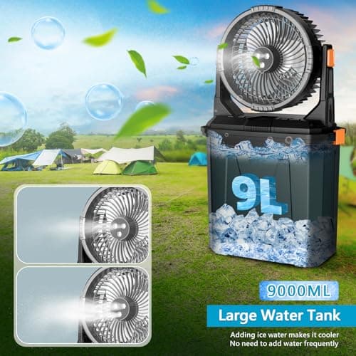 GHORA Portable Misting Fan with 9L Water Tank, 20000mAh Rechargeable Battery Camping Fan, Outdoor Cooling Fans for Patios with Remote & LED, 4 Speeds, 4 Spray Mister Modes, for Home, Outside