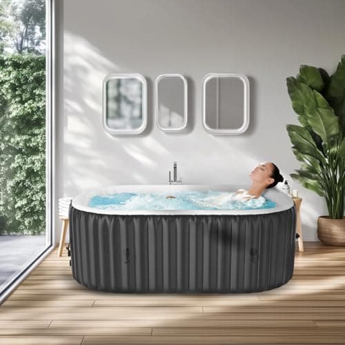 LILYPELLE 1-2 Person Inflatable Hot Tub, Portable Oval Blow Up Hot Tub with 100 Bubble Jets, Outdoor Spa Set Included Heater Pump, Filter and Side Table, 75" X 47" X 25"