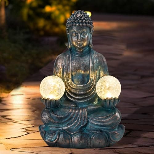 Afirst Meditating Buddha Garden Statues Solar Buddha Sculpture Decor with Glass Balls Zen Meditation for Home Garden Yard Patio Indoor Outdoor Ornaments