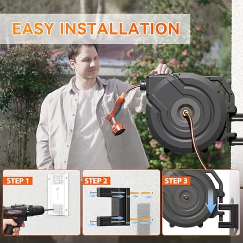 NEOTEC Retractable Garden Hose Reel 5/8 inch x 90ft - Wall Mounted Heavy Duty Hose Reel with 3/4 Inch Brass Fittings & 9-Pattern Nozzle - Auto Rewind System, Any Length Lock, 180° Swivel Bracket