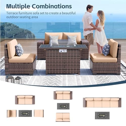UDPATIO 7 Piece Patio Furniture Set with Fire Pit Table, 8''Wide Armrest Modular Rattan Outdoor Sectional Sofa Set,Wicker Patio Conversation Sets for Backyard,Deck w/ 4'' Cushions,Cover(Brown/Khaki)