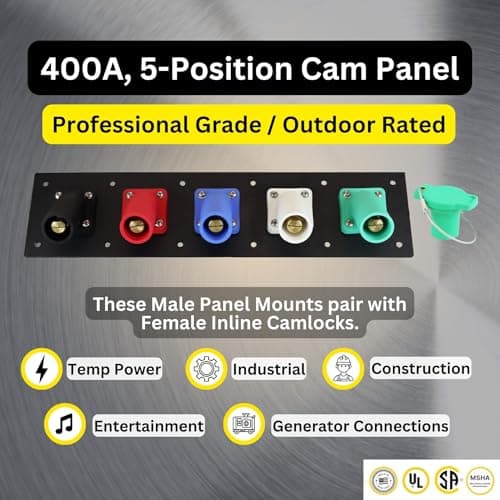 5 Position CAM Lock Panel, 400 Amp, 3 Phase 120/208V, Male, 45°, Double Set-Screw Connections with NEMA 3R Caps and Lanyards, Series 16 CAM Connectors, Power Distribution Panel