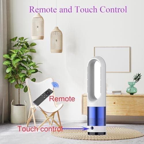 Bladeless Heater and Fan Combo, 1400 Watt Heater Fan and 40 Watt Cold Fan, 80° Oscillating Fan, All the Season Use, Remote and Touch Control, Floor Tower fan, Office Room, Bedroom, Blue White
