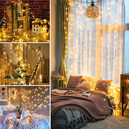 gresonic 99ft 300 LED String Lights Indoor Outdoor, Warm White Christmas Lights Clear Wire, 8 Modes Waterproof Twinkle Fairy String Lights Plug in for Tree Room Bedroom Wedding Decorations