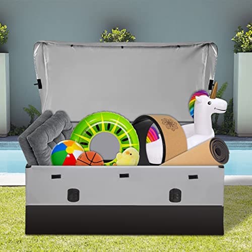 Outdoor Waterproof Storage Box, 150 Gallon, Waterproof PE Tarpaulin Deck Box w/Galvanized Metal Frame, All-Weather Protection & Portable, for Porch, Garden, Poolside, and Yard (Black & Grey)