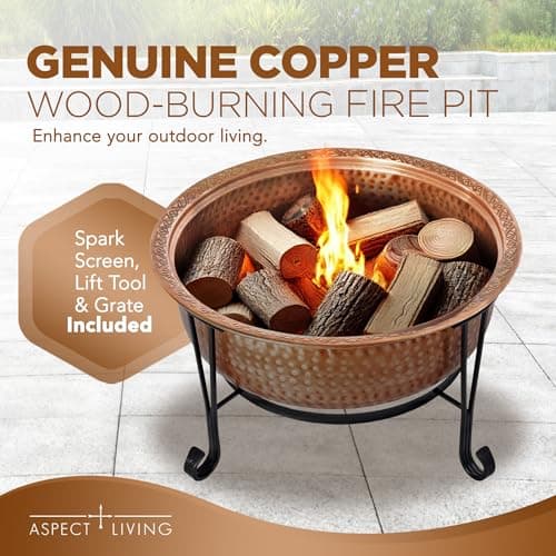 26.5" Genuine Copper Wood Burning Fire Pit w/Spark Screen, Lift Tool, Grate #65126