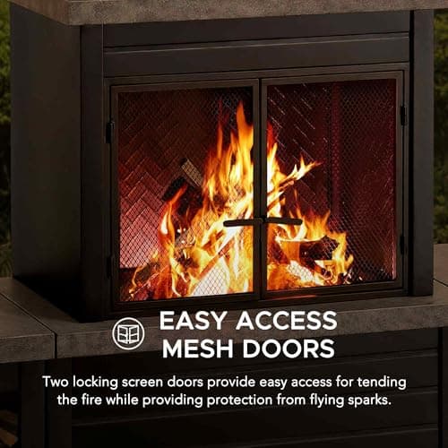 Sunjoy Outdoor Fireplace with Wood Storage and Chimney, Steel Metal Fire Pit with Mesh Spark Screen Door & Fire Poker, Fireplace Tool and PVC Cover, for Patio Garden Deck Backyard, Black