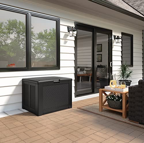 Rubbermaid Medium Resin Outdoor Storage Deck Box (74 Gal), Weather Resistant, Black, Deck Organization for Home/Backyard/Pool Chemicals/Toys/Garden Tools/Porch/Patio Cushions