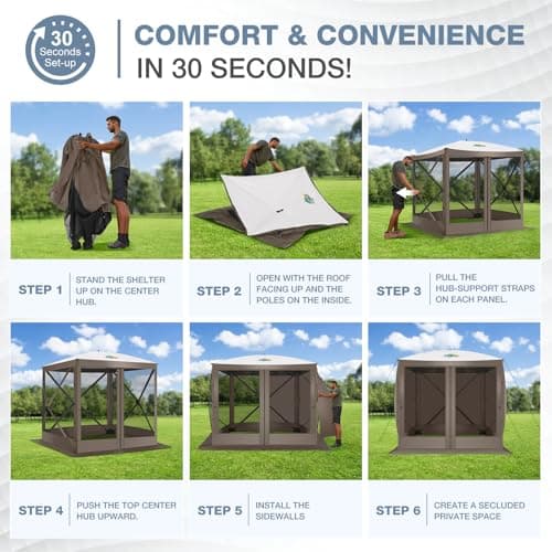 COBIZI Pop Up Gazebo Screen Tent Screen House for Camping, 8FTx8FT Screen Room with Sidewalls and Mosquito Netting, Hub Tent Instant Screened Canopy with Carrying Bag and Ground Stakes, Brown