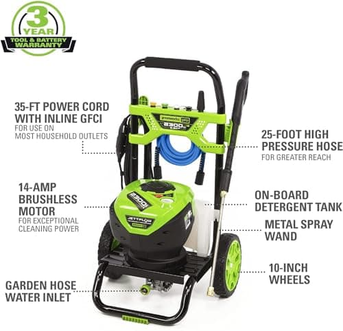 Greenworks 2300 PSI TruBrushless (2.3 GPM) Electric Pressure Washer, 25’ Hose, Quick Connect Wand, 15, 24, 40 Degree Soap and Turbo Nozzle