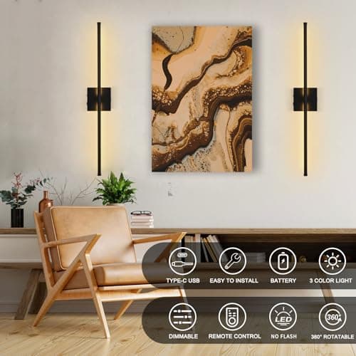 LED Wireless Wall Sconce with Remote Control (Set of Two), USB Rechargeable Battery Powered Indoor Wall Lamps, Dimmable, 360° Rotate,Timing, 28.3 inch Black Wall Lights for Hallway/Living Room/Bedroom