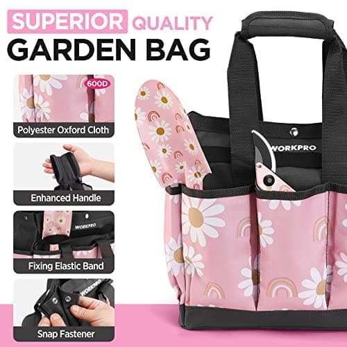WORKPRO 5PCS Gardening Tools, Aluminum Heavy Duty Garden Tool Set with Bag, Ideal Gardening Gifts for Women, Pink