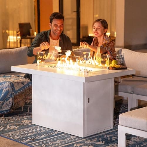 NICESOUL 43'' Outdoor Aluminum Firepit Table, 60,000 BTU Propane/Natural Gas, Rectangle CSA-Certified Fire Pit with Wind Guard & Glass Rocks, Rust-Proof Luxury Fireplace for Patio Poolside Deck, White