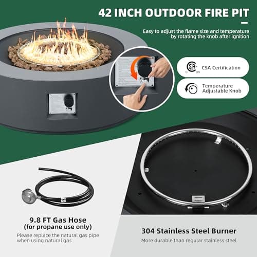 UPHA 42-inch Outdoor Propane Gas Fire Pit Table 50000 BTU Iron Round FirePit for Outside Patio with Tank Hidden Table, Removable Lid, Lava Rocks, Rain Cover, Grey