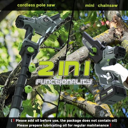 2-in-1 Cordless Pole Saw (2025 Upgraded), 7 Inch Brushless Mini Chainsaw with Extension Pole, Pole Saws for Tree Trimming Battery Powered with 2x 20V 4000 mAh Battery, 16ft Reach Electric Pole Saw