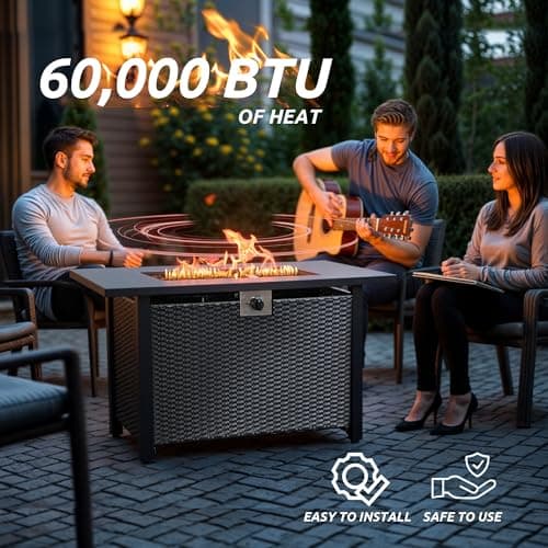 Propane Fire Pit Table,Out Door Fire Pits & Fireplaces,Gas Fire Pit with Lid and Lava Rock.Square Black Fire Pit Table on Patio Deck & Garden Backyard. (Raven‌ Black, 43-inch)