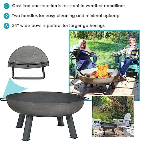 Sunnydaze 34-Inch Cast Iron Heavy-Duty Fire Pit for Outside - Wood-Burning Outdoor Fire Pit Bowl with Handles - Steel Finish