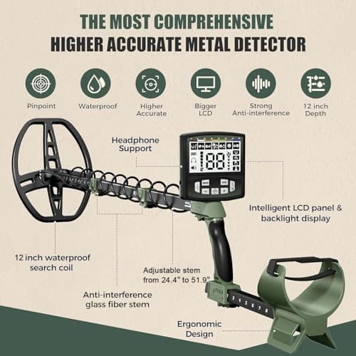 Professional Metal Detector for Adults,12" IP68 Waterproof Search Coil with LCD Backlight,5 Modes Gold Detector,Advanced DSP Chip&High Accuracy System for Beach/Gold Hunting
