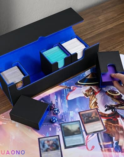 Modern Black&Blue Card Deck Box with Dice Tray for MTG, Yugioh, Sports Cards, Holds 800+ Unsleeved Cards, 5-in-1 Organizer with Playmat Lid