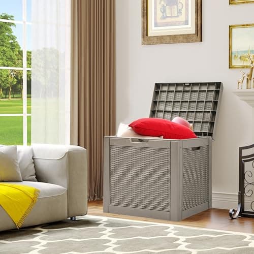 YITAHOME 32 Gallon Deck Box, Indoor Outdoor Storage Box for Patio Furniture, Pool Accessories, Cushions,Garden Tools,Sports Equipment, Waterproof Resin Rattan with Lockable Lid and Side Handles(Brown)