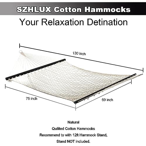 SZHLUX Double Rope Hammocks, Traditional Hand Woven Cotton Hammock with Hardwood Spreader Bar and Carrying Case for Outdoor, Indoor for Two Person, 450lb Weight Capacity