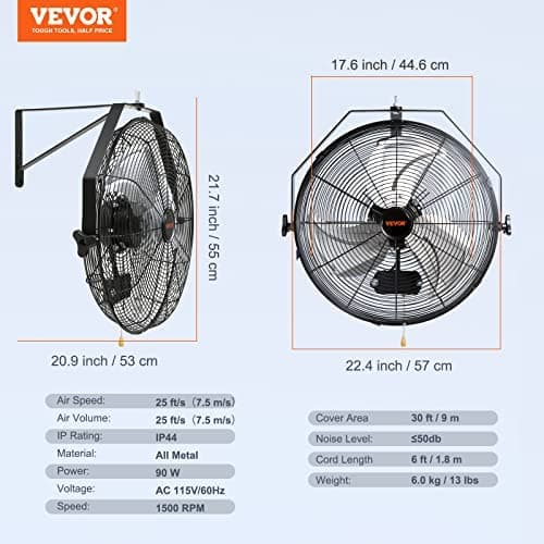 VEVOR 18 Inch Wall Mount Fan, 3-Speed IP44 Waterproof Industrial Fan, Max. 4150 CFM for Outdoor, Commercial, Residential, Greenhouse, Workshop, ETL Listed, 2-Pack