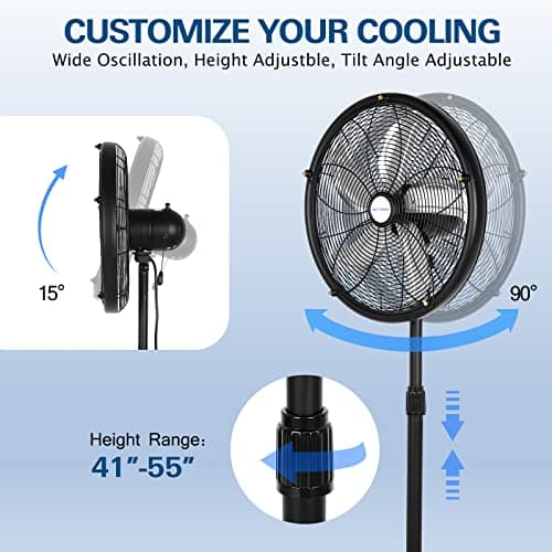 BILT HARD 18" Oscillating High-Velocity Outdoor Pedestal Misting Fan, 3-Speed Patio Fans for Outside, Adjustable Height, 120° Oscillation, Waterproof, Industrial Fan for Outdoor- UL Listed Black
