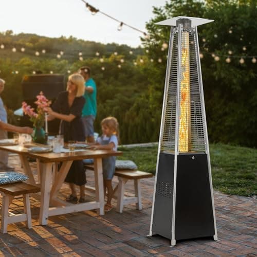 FOOWIN Patio Heater,48,000 BTU Outdoor Patio Heater with Wheels,Propane Patio Heater w/Waterproof Cover & Gloves,Quartz Glass Tube Pyramid Patio Heater for Outdoor Use,Party,Backyard,Garden,Black