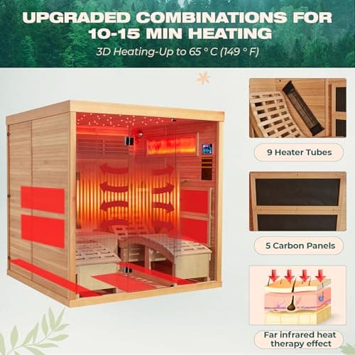 Infrared Sauna,2 Person Luxurious Indoor Sauna with Recliner, Wooden Sauna with 7-Color Starry Ceiling,9 Heating Tubes,5 Carbon Panels,2-in-1 Door Handle,Himalayan Salt Brick,220V