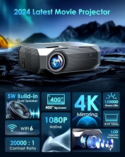 YOWHICK 4K Projector with WiFi and Bluetooth, 20000L Native 1080P Outdoor Portable Movie Projector, Smart Video Projector, 50% Zoom/400" Display, Compatible with HDMI/USB/PC/TV/PS5/DVD/Android/iOS