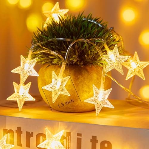 Minetom Star String Lights Battery Operated - 17 ft 50 LED Star Fairy String Lights with Timer, Waterproof for Indoor Bedroom Tent Loft Bed Patio Party Wedding Decor, Warm White
