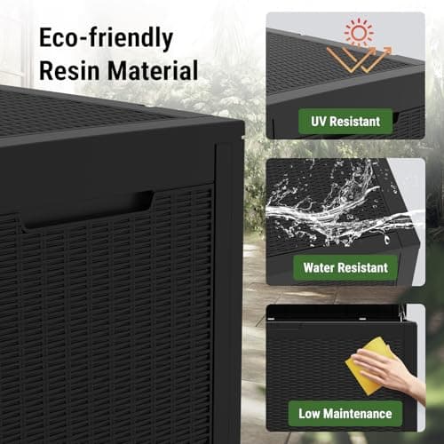 100 Gallon Waterproof Deck Box, Resin Outside Storage Box, Large Outdoor Storage Bin for Patio Furniture Cushions, Pool Supplies, Garden Tools, Weatherproof, Black