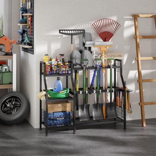 keomaisyto Garden Tool Organizer for Garage/Shed, 3 Tier Garage Tool Organizer and Storage Holder with Hooks, Large Garden Tools Tower Rack with Storage Basket for Shed/Yard/Lawn