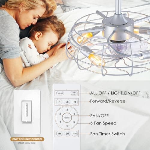 Asyko Outdoor Caged Ceiling Fans with Lights - Bladeless Low Profile Ceiling Fan Light with Remote, 19" Enclosed Ceiling Fan for Covered Outdoor