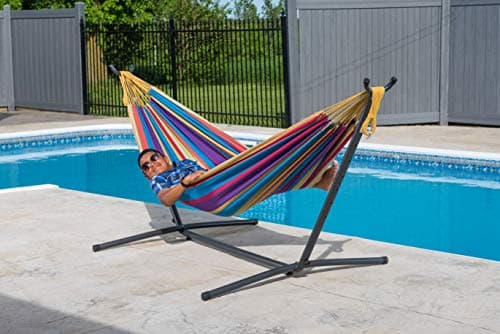 Vivere Double Cotton Hammock with Space Saving Steel Stand, Upgraded Polyester End Strings 450 lb Capacity - Premium Carry Bag Included - USA Grown Cotton (Tropical)