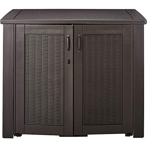 Rubbermaid Decorative Outdoor Storage Cabinet (123 Gal), Weather Resistant, Dark Brown, Organization for Home/Backyard/Pool Chemicals/Toys/Garden Tools/Porch/Patio Cushions