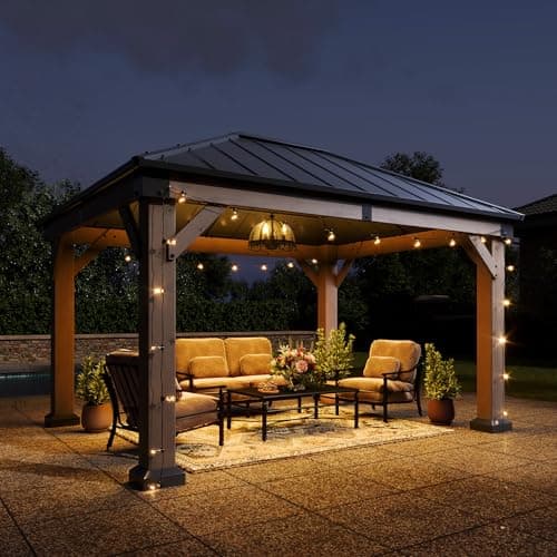 Aoxun 10' x 12' Outdoor Wood Gazebo, Hardtop Gazebo Permanent Wooden Pavilion with Galvanized Steel Roof, for Patio, Garden, Deck, Cedar Wood