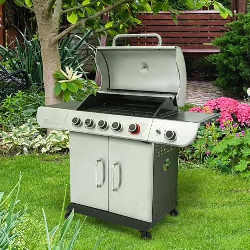 Royal Gourmet SG5002 5-Burner Propane Gas Grill with Sear Burner & Side Burner, Stainless Steel Cabinet Style Gas Grill with 61,000 BTUs Output for Outdoor Patio Garden Backyard Cooking, Silver