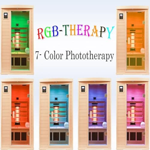 Ceramic 1 Person Infrared Sauna Far Infrared Saunas for Home Hemlock Wood Indoor Sauna Room 2 in 1 Sauna with Low EMF Heaters + Ceramic Heating Cube-Chromotherapy-Bluetooth Speaker