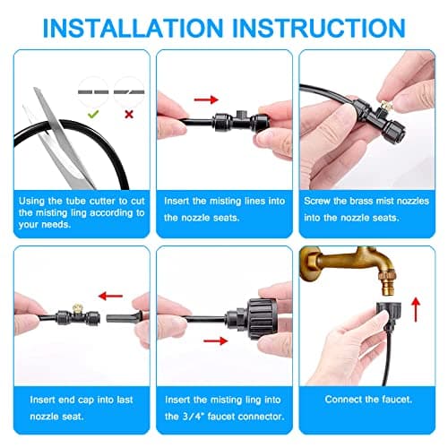 Misting Systems, Misters for Outside Patio, 100FT Misting Cooling System+30 Brass Mister System+2 PE Antioxidant Adapters 3/4"+2 Tee Adapters+2 90 Degree Elbows for Pasture, Garden, Greenhouse, Gazebo