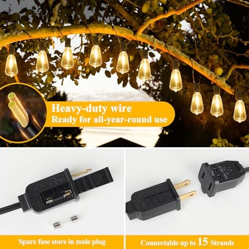Brightever LED Outdoor String Lights 100FT Patio Lights with 52 Shatterproof ST38 Vintage Edison Bulbs, Outside Hanging Light Waterproof for Porch, Deck, Garden, Backyard, Balcony, Dimmable 2700K