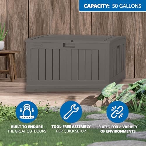 Suncast 50 Gallon Plastic Deck Box with Molded Lockable Feature and Weathertight Construction for Home, Patio, Lawn, and Garden Storage, Gray