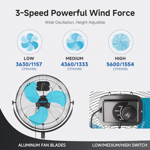 5600 CFM 20" High Velocity Outdoor Misting Fan, Standing Fans for Patio Waterproof, Cooling Floor Fan 3-Speed, 360°Oscillation, Adjustable Height, 2 Casters, Heavy Duty Metal Industrial Fan