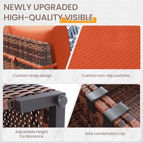 UDPATIO Patio Furniture Set With 44'' Fire Pit Table,Modular Outdoor Furniture Sets,Slanted Back Outdoor Sectional Conversation Set PE Rattan Sofa for Backyard W/Coffee Table,4'' Cushions,8 PCS,Orange
