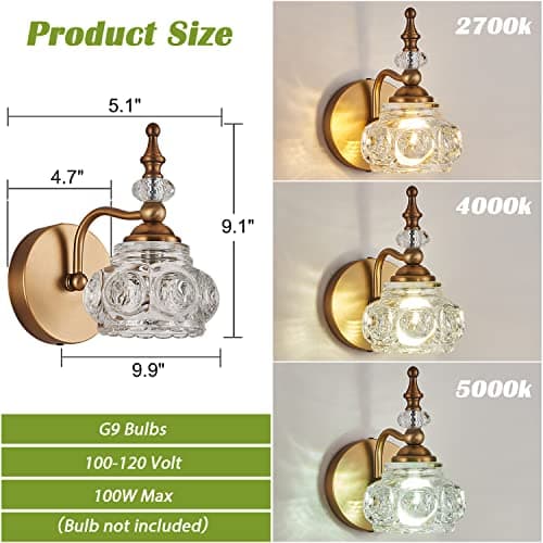 Vintage Wall Sconces, 1-Light Wall Lighting with Crystal Glass Shade, Matte Brushed Antique Brass Finish, Crystal Wall Light, Wall Lamp for Bathroom, Bedroom,Hallway(G9 Base)
